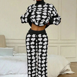 Multicolor Casual Women's Heart Graphic Sweater And Pants Set